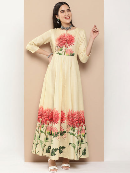 Women's Beige Printed Long Dress With Waist Belt