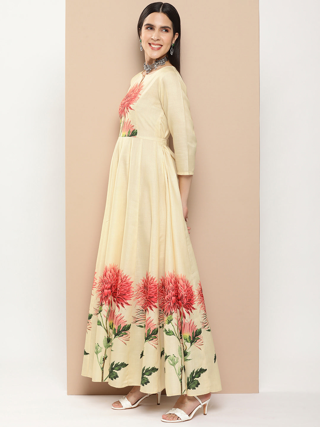Women's Beige Printed Long Dress With Waist Belt
