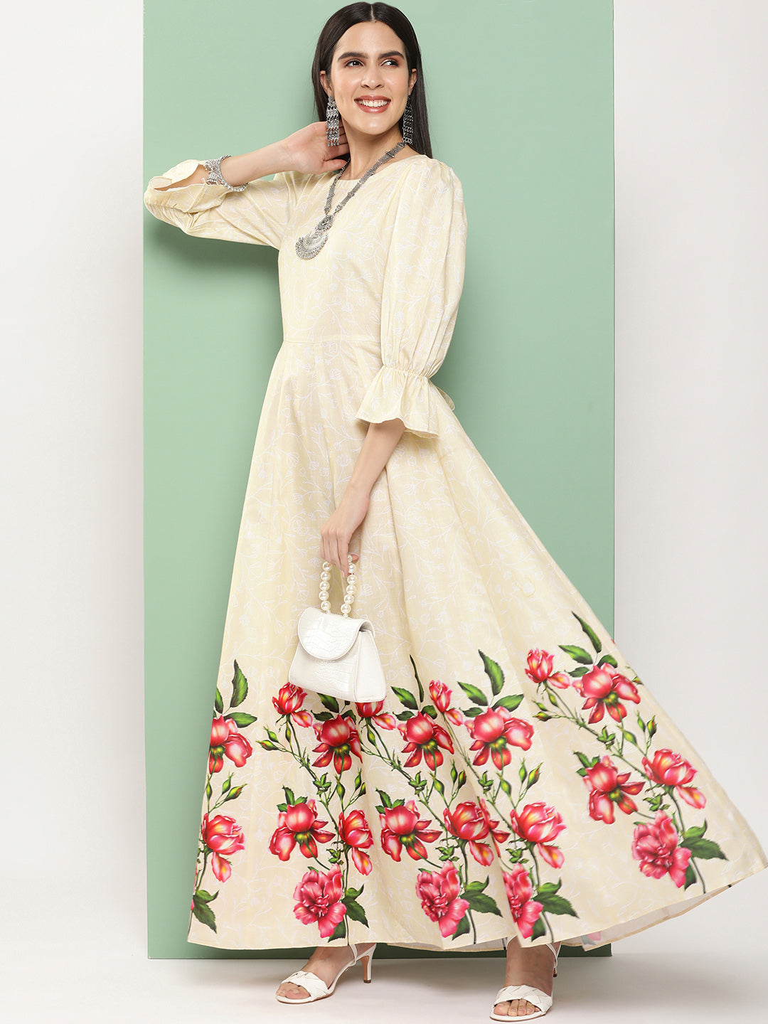 Women's Beige Printed Long Dress With Waist Belt