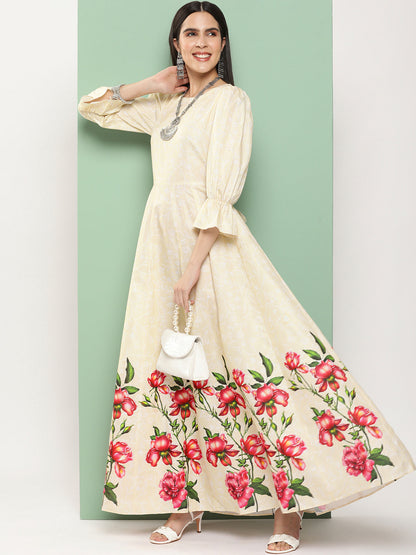 Women's Beige Printed Long Dress With Waist Belt