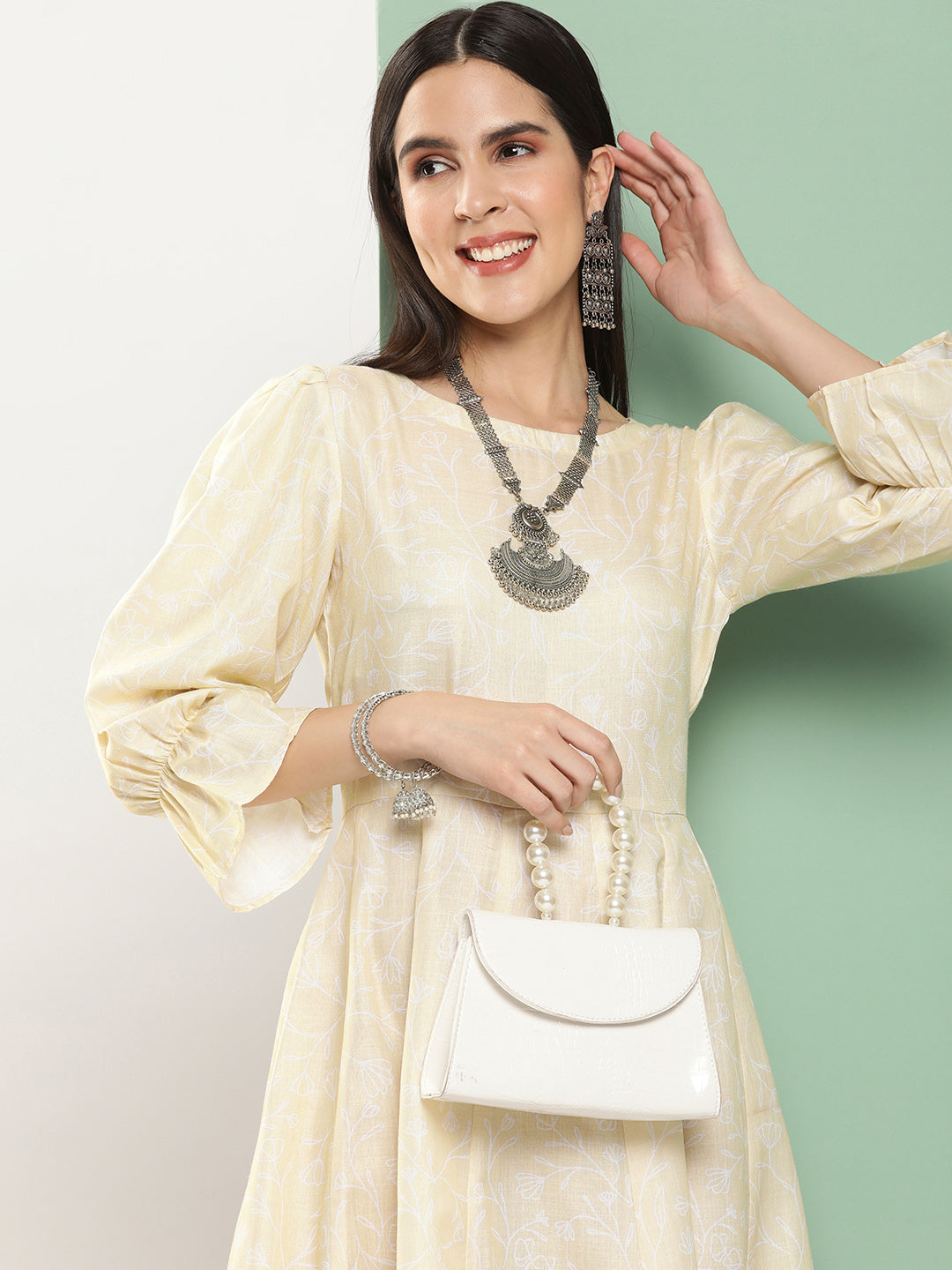Women's Beige Printed Long Dress With Waist Belt
