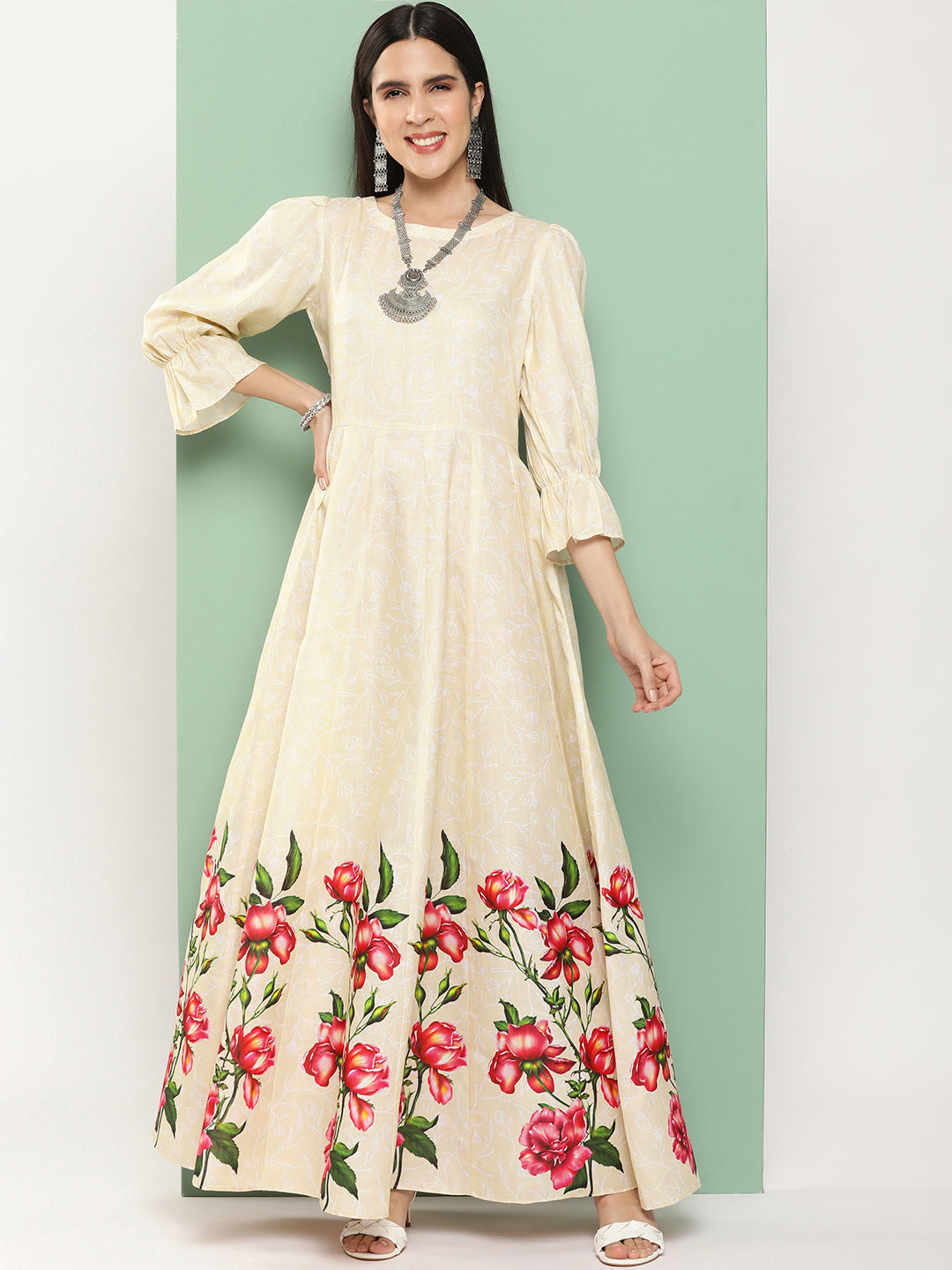 Women's Beige Printed Long Dress With Waist Belt