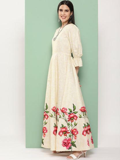 Women's Beige Printed Long Dress With Waist Belt