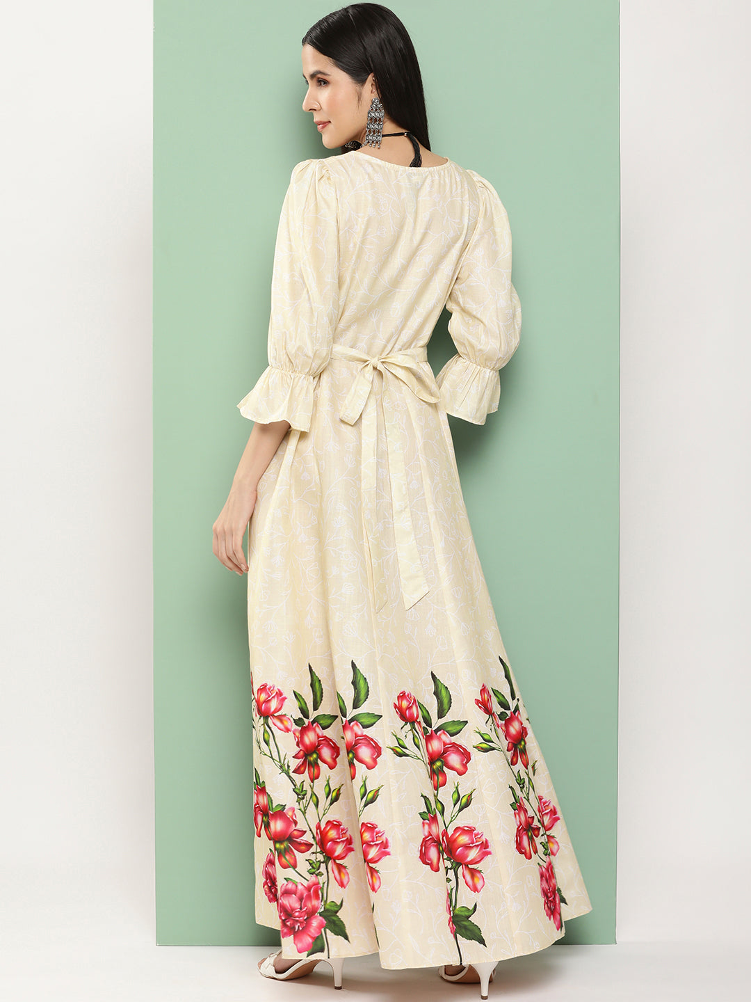 Women's Beige Printed Long Dress With Waist Belt