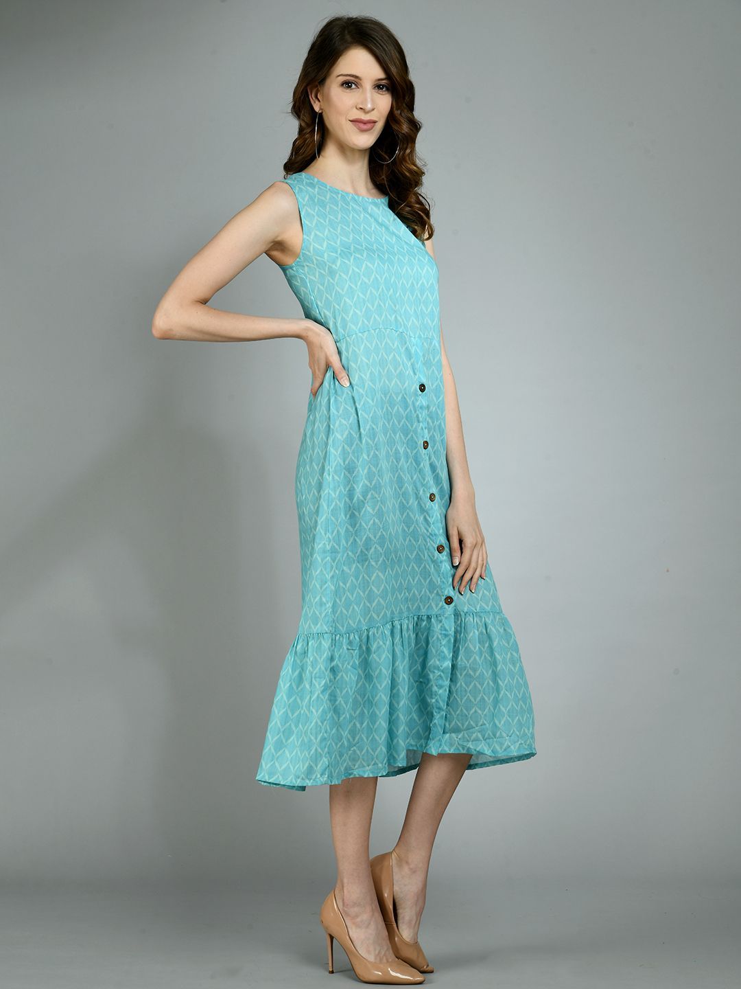 Women's Blue Poly Cotton Printed Sleeveless Round Neck Casual Dress