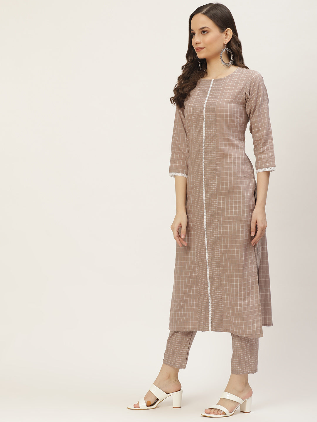 Women's Grey Color Cotton Blend Checked Striped Straight Kurta Pant Set