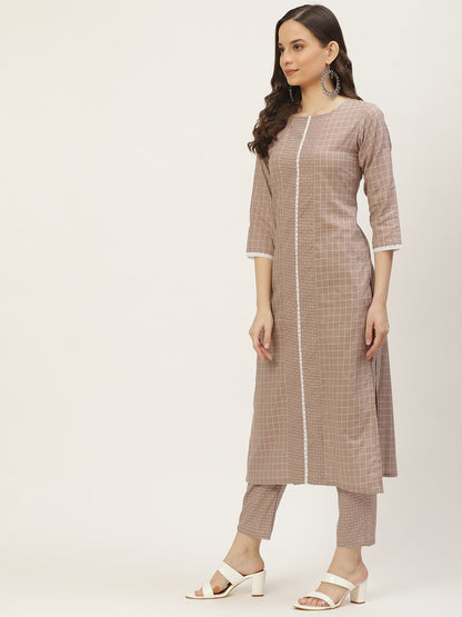 Women's Grey Color Cotton Blend Checked Striped Straight Kurta Pant Set
