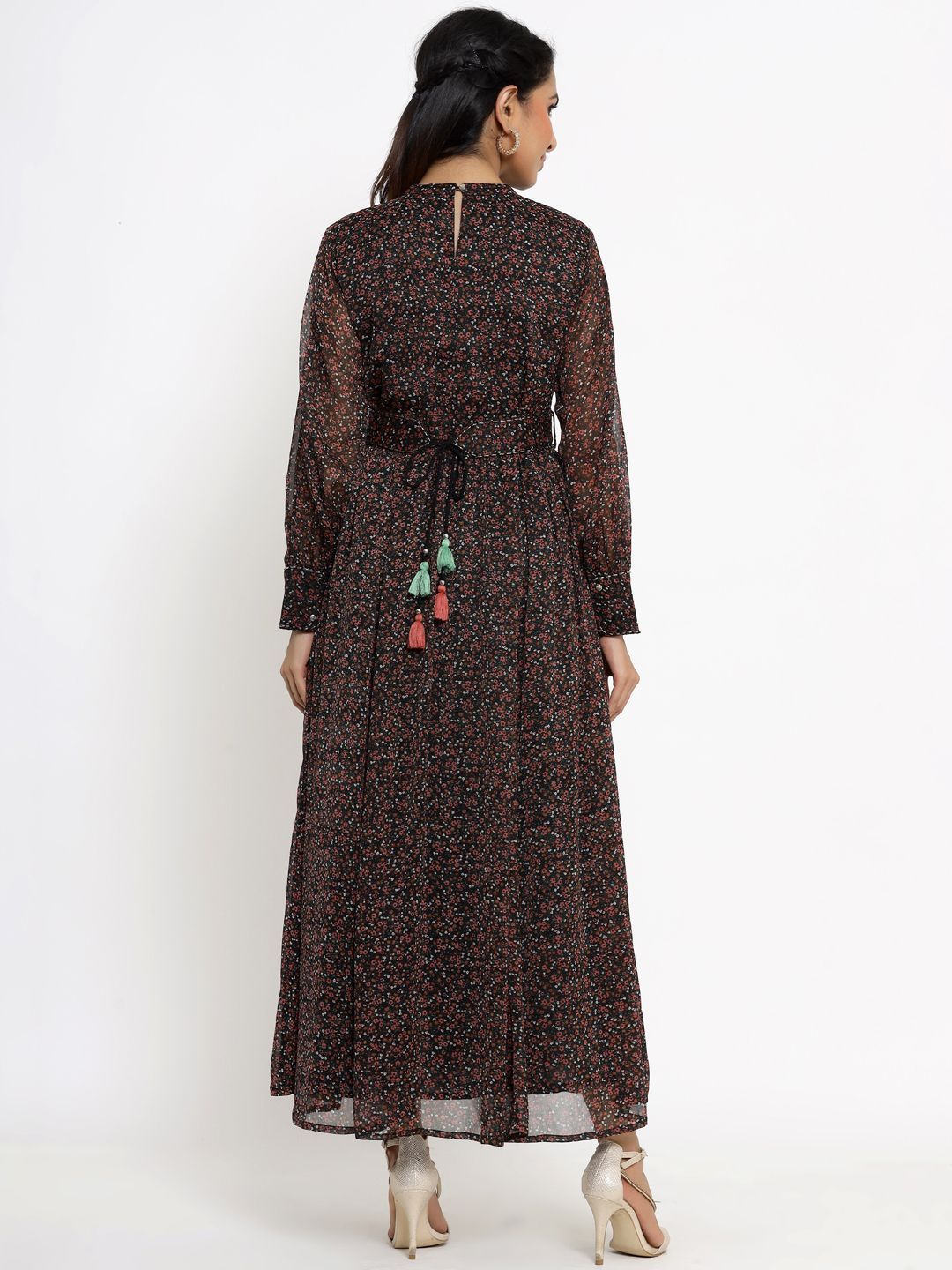 Women's Black Alphin Chiffon Flared Printed Dress With Tie-up Blet2