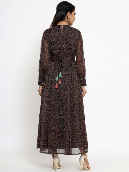 Women's Black Alphin Chiffon Flared Printed Dress With Tie-up Blet2
