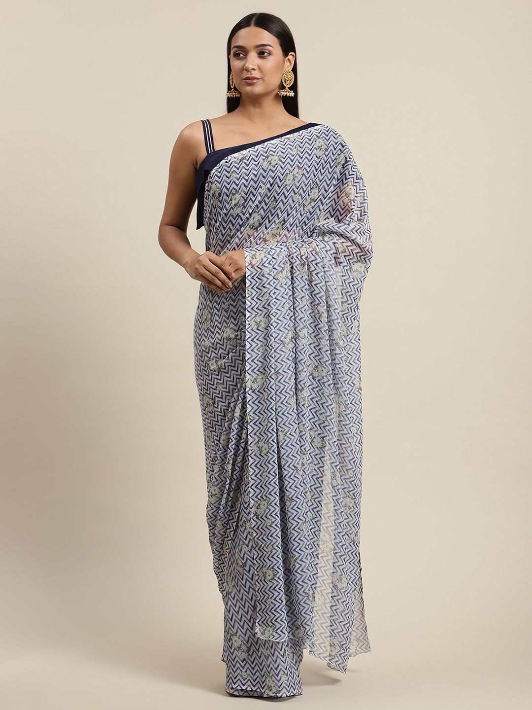 Women's Navy Blue Chiffon Digital Print Chevron Saree