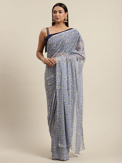 Women's Navy Blue Chiffon Digital Print Chevron Saree
