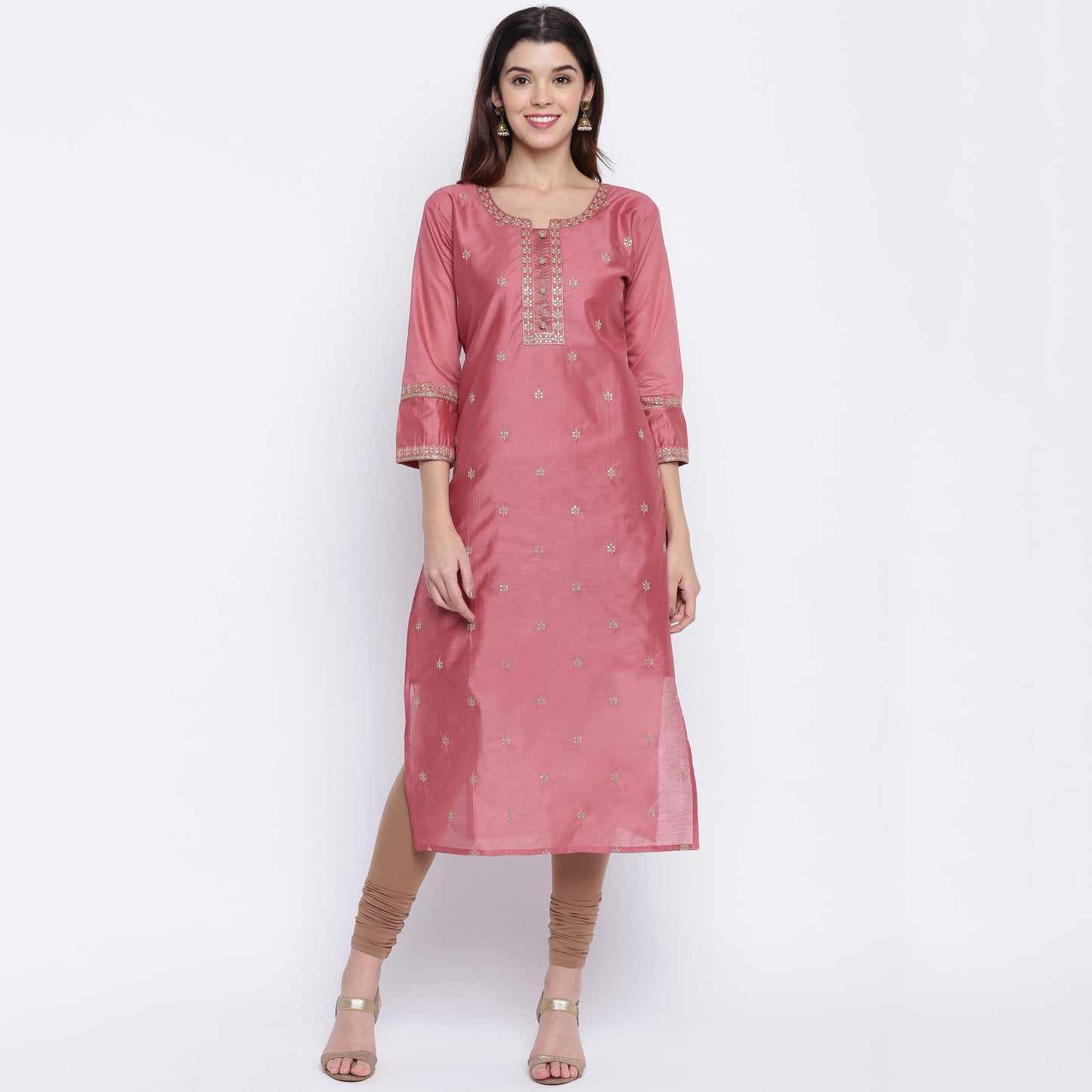 Women's Sequence Work/Hand Work Straight Chanderi Dark Peach Kurta Only