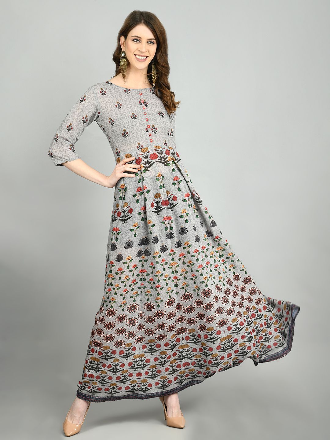 Women Grey Printed Cotton  Dress by Myshka (
