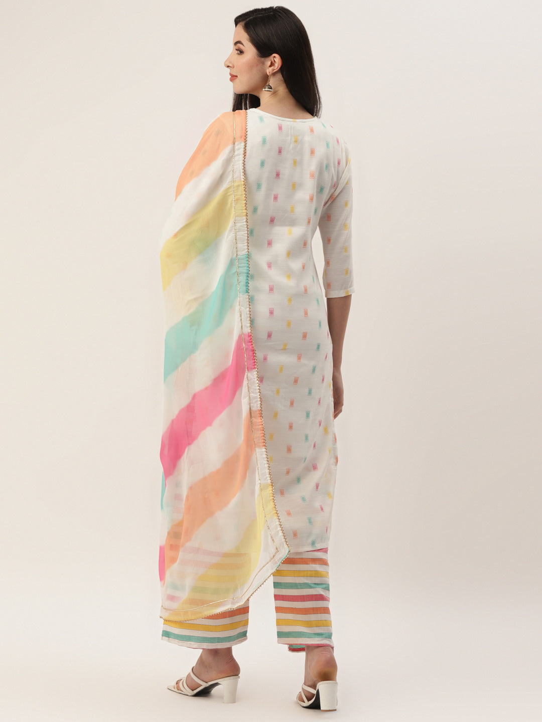 Women's White Cotton Blend Self Design Straight Kurta Trouser Set With Dupatta