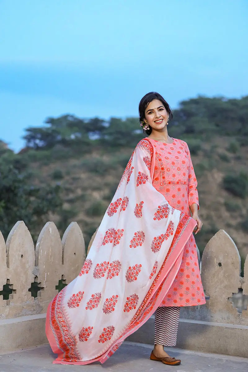Women's Cotton Printed Kurta Pant Dupatta Set