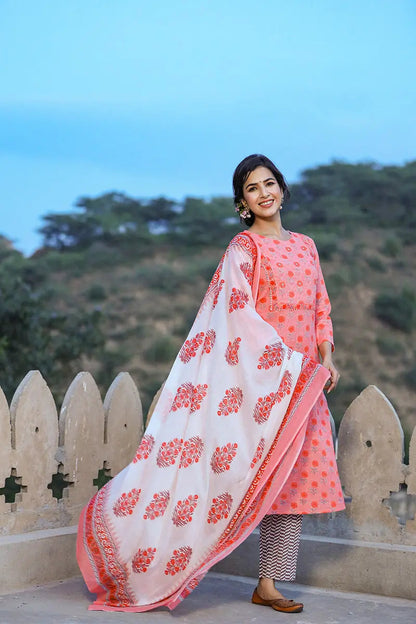 Women's Cotton Printed Kurta Pant Dupatta Set