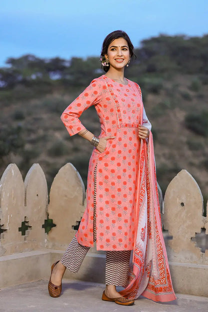 Women's Cotton Printed Kurta Pant Dupatta Set