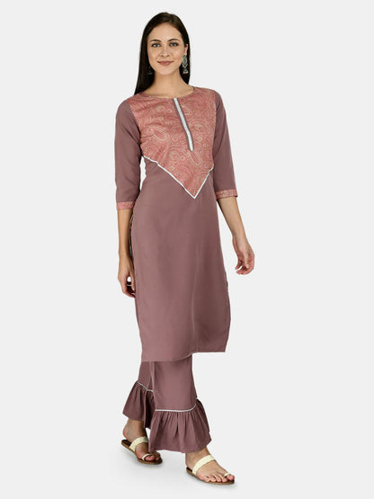 Women's Purple Polyester Printed 3/4 Sleeve Round Neck Casual Kurta Palazzo Dupatta Set