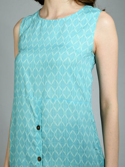 Women's Blue Poly Cotton Printed Sleeveless Round Neck Casual Dress