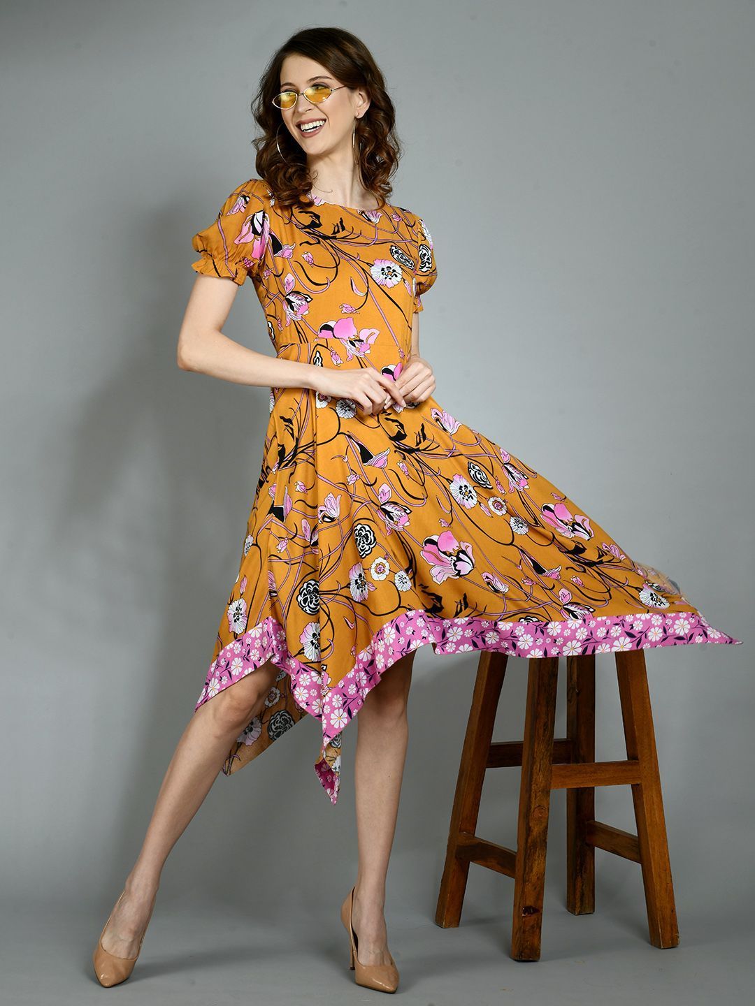 Women's Multi Rayon Printed Short Sleeve Round Neck Casual Dress
