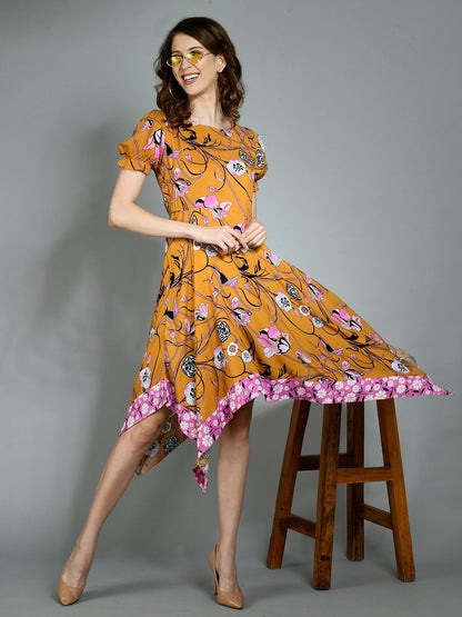Women's Multi Rayon Printed Short Sleeve Round Neck Casual Dress