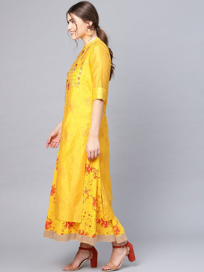 Women's Mustard Chanderi Embroidered 2 Piece Kurta Dress