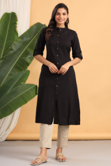 Women's Black Cotton Flex Solid A-Line Kurta
