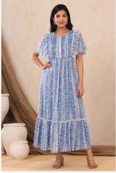 Women's Powderblue Chiffon Tie & Dye Tiered Dress