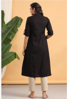 Women's Black Cotton Flex Solid A-Line Kurta