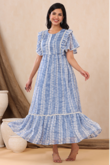 Women's Powderblue Chiffon Tie & Dye Tiered Dress