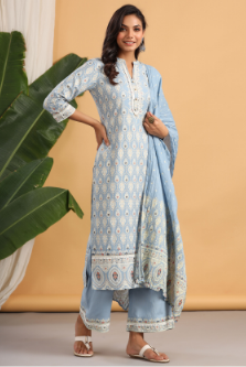 Women's Powderblue Rayon Printed Straight Kurta Palazzo Dupatta Set