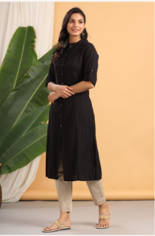 Women's Black Cotton Flex Solid A-Line Kurta