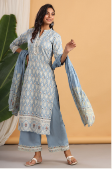 Women's Powderblue Rayon Printed Straight Kurta Palazzo Dupatta Set