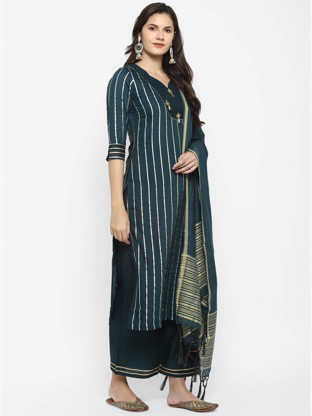 Women's Green Color Chanderi Silk Embroidered Straight Kurta Palazzo With Dupatta