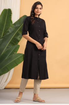Women's Black Cotton Flex Solid A-Line Kurta