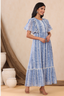 Women's Powderblue Chiffon Tie & Dye Tiered Dress