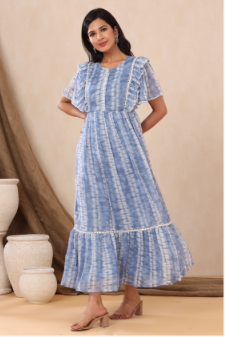 Women's Powderblue Chiffon Tie & Dye Tiered Dress