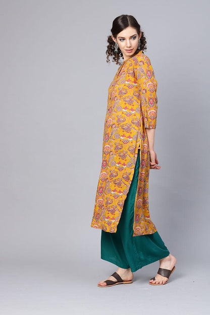 Women's Mustard Brown & Green Printed Straight Kurta