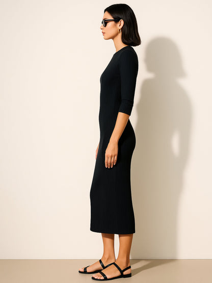 Women's Black Rib Mock Round Neck Midi Dress