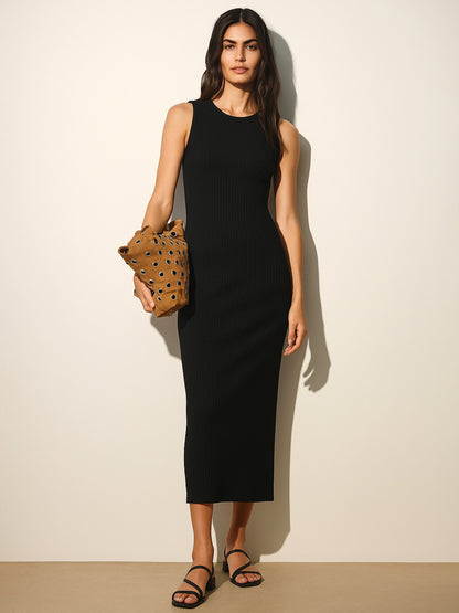 Women's Black Rib Back Cut-Out Midi Dress