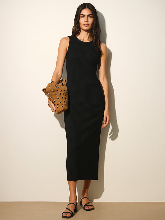 Women's Black Rib Back Cut-Out Midi Dress