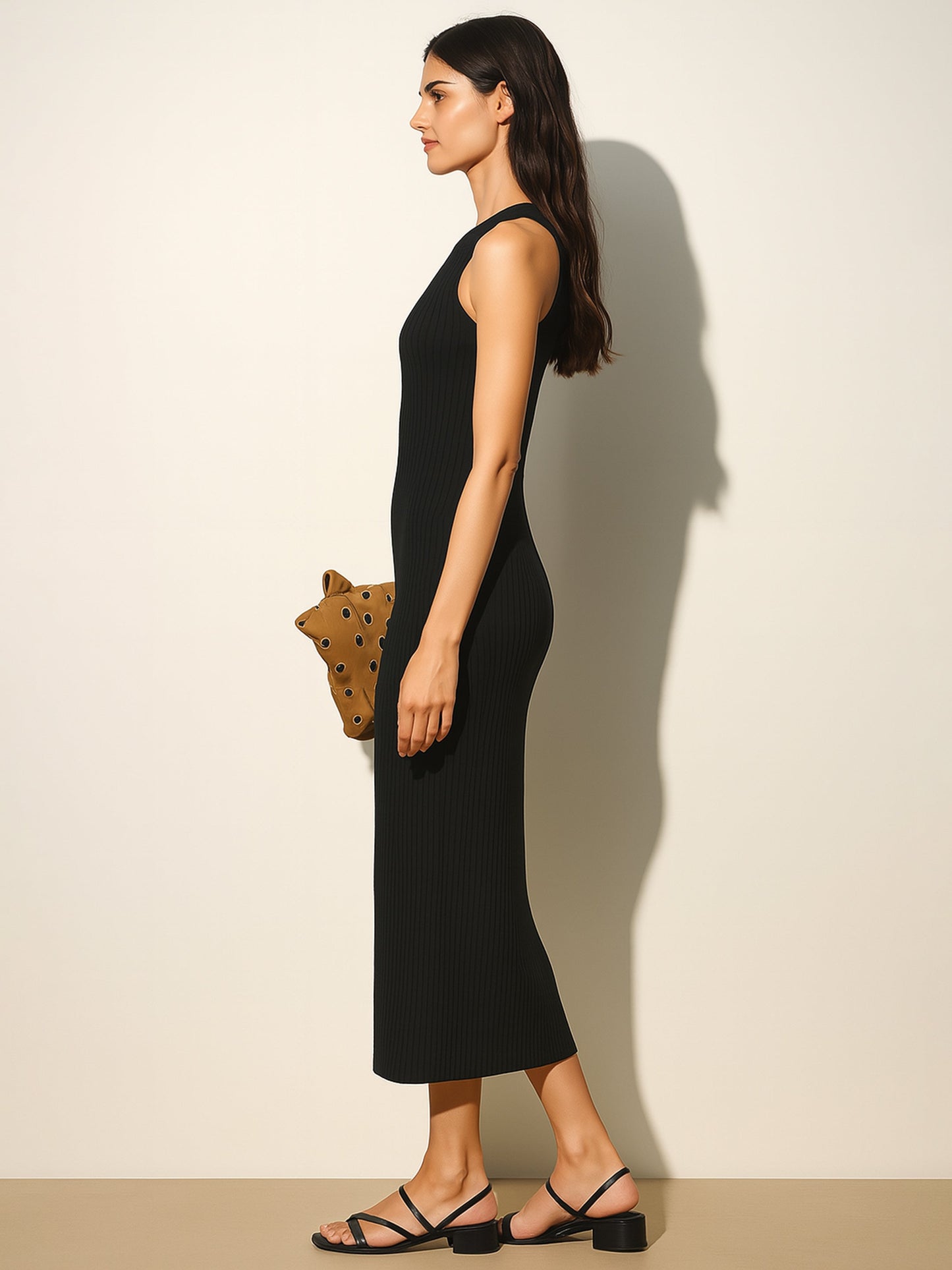 Women's Black Rib Back Cut-Out Midi Dress