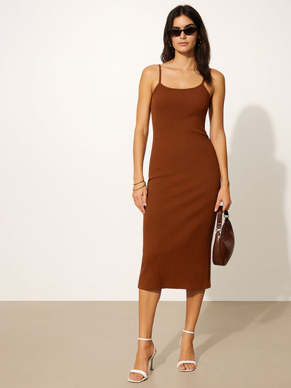 Women's Brown Rib Strappy Slip-on Dress