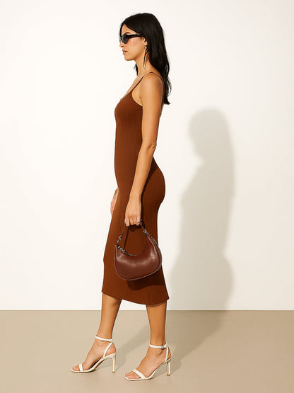 Women's Brown Rib Strappy Slip-on Dress
