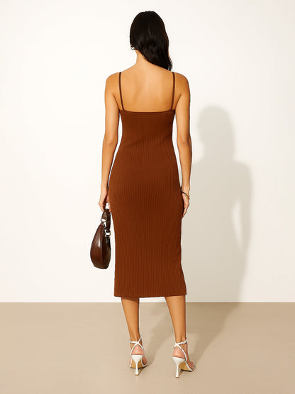Women's Brown Rib Strappy Slip-on Dress