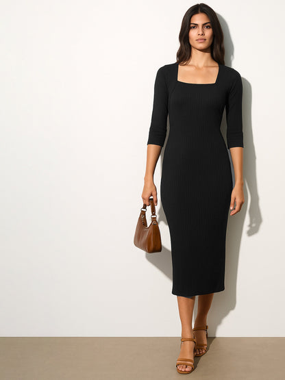 Women's Black Rib Square Neck Sticth Detail Midi Dress