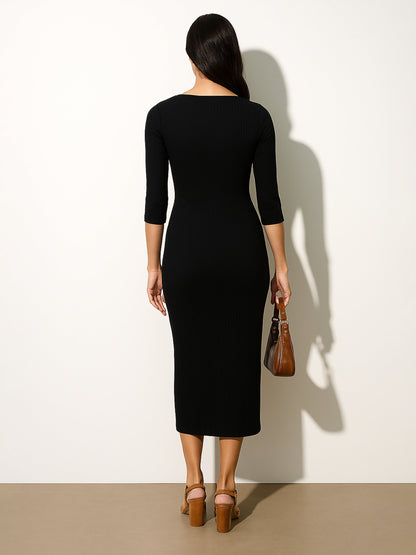 Women's Black Rib Square Neck Sticth Detail Midi Dress