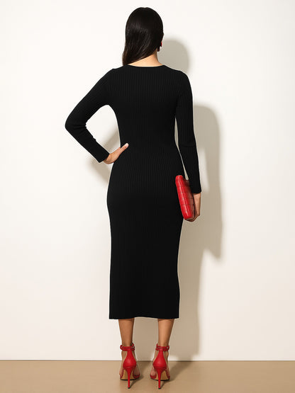 Women's Black Rib Sweetheart Neck Ankle Full Sleeve Midi Dress
