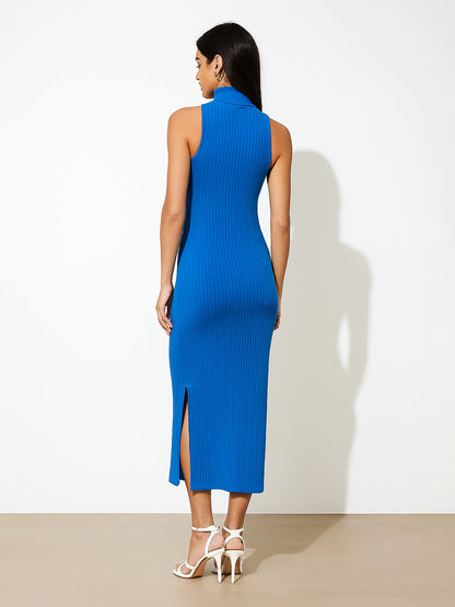 Women's Royal Blue Sleeveless Rib Turtle Neck Midi Dress