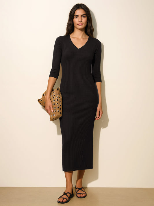 Women's Black Rib Deep V-Neck Ankle Midi Dress